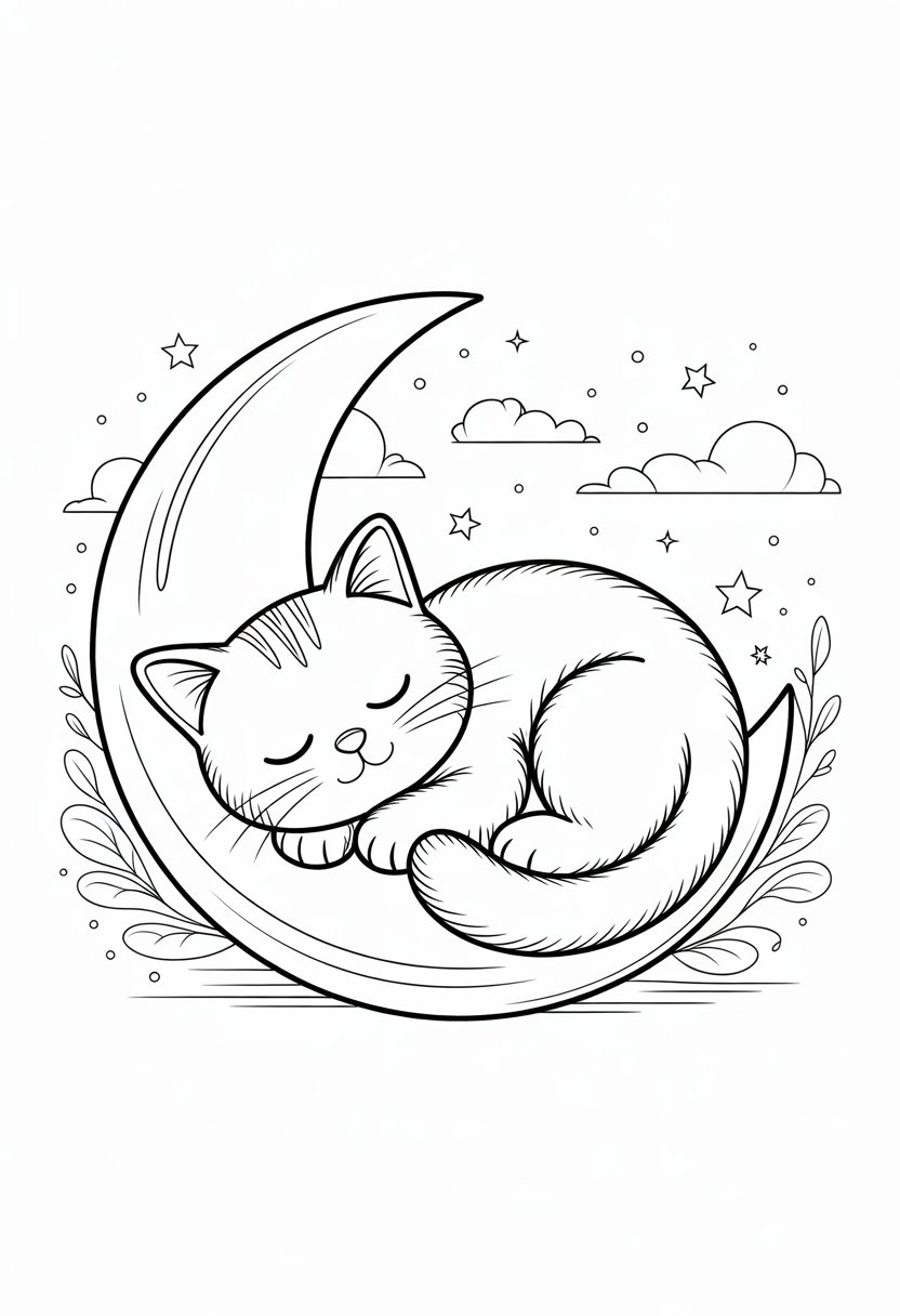 Printable Cute Cat Coloring Pages 20 Best Designs for All Ages 37 A sleeping cat curled up beneath a crescent moon with stars and clouds around it.